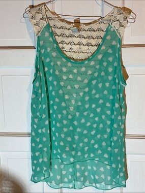 LOVE Republic Sheer and Lace-Back Sleeveless Heart Print Blouse